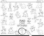 Black and White Cartoon Illustration of Find One of a Kind Picture Educational Activity Game for Children with Rabbits Animal Characters Coloring Book