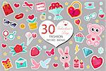 Happy Valentine s Day fashion icons set or stickers patches 80s comic style. Pins, badges collection cartoon pop art with cute symbol, heart, teddy bear, candy, kiss, gift, love. Vector illustration