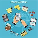 Online Auditing, Tax, Accounting Concept. Auditor Holds Smartphone in Hand and Checks Financial Report with Charts on Screen using a Magnifying Glass. Flat Style Icons. Vector Illustration