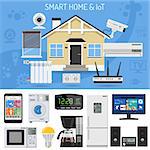 Smart Home and internet of things concept. Smartphone controls smart house like security cam, lighting, air conditioning and music center. Flat style icons. Isolated vector illustration