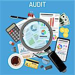 Auditing, Tax process calculation, Accounting Concept. Magnifying Glass Checks financial report. Charts on Documents and Smartphone screens. Flat style icons. Isolated vector illustration