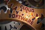 Cloud Software on Mechanism of Golden Gears with Glow Effect. Cloud Software Golden Metallic Cogwheels. 3D Rendering.