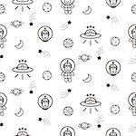Ufo funny icon cosmic seamless vector pattern. Line style comic alien characters backgrond.