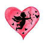 Vector Valentine greeting card with red watercolor heart and silhouette of cupid on a white background