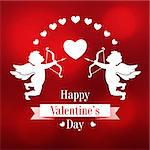 Valentine's day greeting card with two cut of paper cupids and hearts on a red background