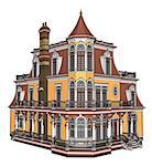 Old house in Victorian style. Illustration on white background. Species from different sides