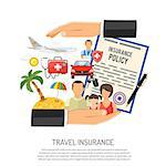 Travel Insurance Concept for Poster, Web Site, Advertising like Hand, Policy, Family, Aircraft and Medicine Chest. Flat style icons. Isolated vector illustration