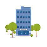 Business building in green recreation park zone. Downtown office with board, and big central entrance and green trees near building. Urban architecture concept. Flat style vector illustration.