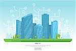 Smart city vector illustration. Small building, big skyscrapers and large smart city tall skyscrapers on background. Urban street with park and trees near cityscape. Metropolis background.