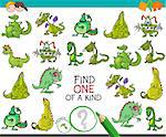 Cartoon Illustration of Find One of a Kind Picture Educational Activity Game for Children with Dragons Fantasy Animal Characters