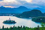 Slovenia, Bled, Bled island and Church of the Assumption of Maria at sunrise