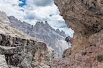Climber on the via ferrata Cengia Gabriella, Popera group, Giralba, Sexten Dolomites, Belluno, Veneto, Italy