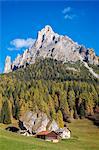 Fosne, typical alpine village with mount Cimerlo in the background, Fosne, Primiero valley, Trentino, Dolomites