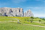 Alpe di Siusi/Seiser Alm, Dolomites, South Tyrol, Italy. A mountain biker on the Alpe di Siusi