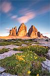 Sesto / Sexten, province of Bolzano, Dolomites, South Tyrol, Italy. Sunset at the Three Peaks of Lavaredo