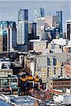 Overview of city center with the Millennium Gate in Chinatown during Chinese New Year Parade in Vancouver, British Columbia, Canada