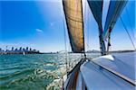 Looking forward to the CBD of Sydney from a sailboat in the Sydney Harbour in Sydney, New South Wales, Australia