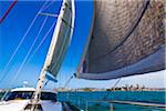 Close-up of sailboat sailing in Sydney Harbour in Sydney, New South Wales, Australia