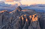 Aerial view of Catinaccio Group (Rosengarten) at sunset, Dolomites, South Tyrol, Italy, Europe