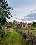 Rural scene with wooden fence and brown houses