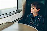 A young boy travelling on a train