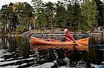 Man paddling canoe on lake