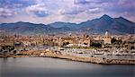 Waterfront of island city and mountains in background in Palermo, Sicily, Italy