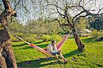 Mid adult man wearing headphones sitting on hammock