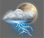 Vector illustration of cool single weather icon with night moon, cloud, heavy fall rain and lightning on transparent background