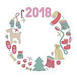Symbols of christmas and year dog, circle wreath, two, zero, one, eight