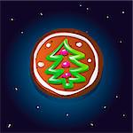 Cute gingerbread cookies for christmas with a Christmas tree. Night sky background. Vector illustration.