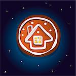 Cute gingerbread cookies for christmas with a winter house. Night sky background. Vector illustration.