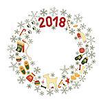 Classic Christmas Wreath with the symbols of the new year 2018, the Year of the Dog. Color green, red, yellow, orange. For winter themes and gifts.