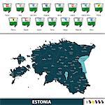Vector map of Estonia with regions flags