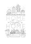 Compositions with shelf flat icon plants in pots lettering home sweet home drawing on white background.