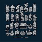 Icon flat set plants in pots drawing on dark blue background