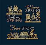 Compositions with shelf flat icon plants in pots lettering welcome spring, flower story drawing with gold on dark blue background