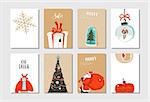 Hand drawn vector abstract fun Merry Christmas time cartoon cards collection set with cute illustrations,surprise gift boxes ,Christmas tree and modern calligraphy isolated on white background.