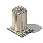 Residential building with parking isometric lowpoly icon set vector graphic illustration