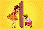 Two women spy on each other through the door. Pop art retro comic book vector illustration