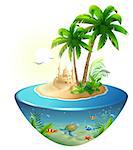 Paradise tropical island in sea. Palm, sand castle and sea turtle. Summer beach vacation holidays. Isolated on white vector cartoon 3d isometric illustration