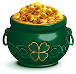 Green full pot with gold coins. Pot with four leaf clover symbol of Patricks Day. Isolated on white vector 3d cartoon illustration