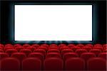 Realistic cinema hall interior with red seats. Cinema movie premiere poster design with empty white screen. Vector illustration EPS 10.