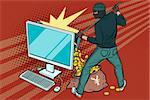 Online hacker steals yen money from computer. Pop art retro vector illustration