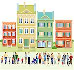 Family groups in front of houses, illustration