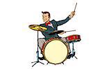 retro drummer behind the kit. Isolated on white background. Pop art vector illustration comic cartoon hand drawing