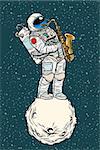 astronaut saxophonist plays jazz in space, saxophone musical instrument. Pop art retro vector illustration hand drawn comic cartoon