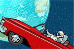 Astronaut in a car over the planet Earth. Pop art retro vector illustration comic cartoon hand drawn vector