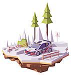 Vector low poly rally racing car in white and red livery on the winter forest rally stage