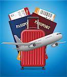 Business trip banner with Passport, tickets, airplane and suitcase on blue background. International Air travel concept. Business travel vector illustration EPS 10